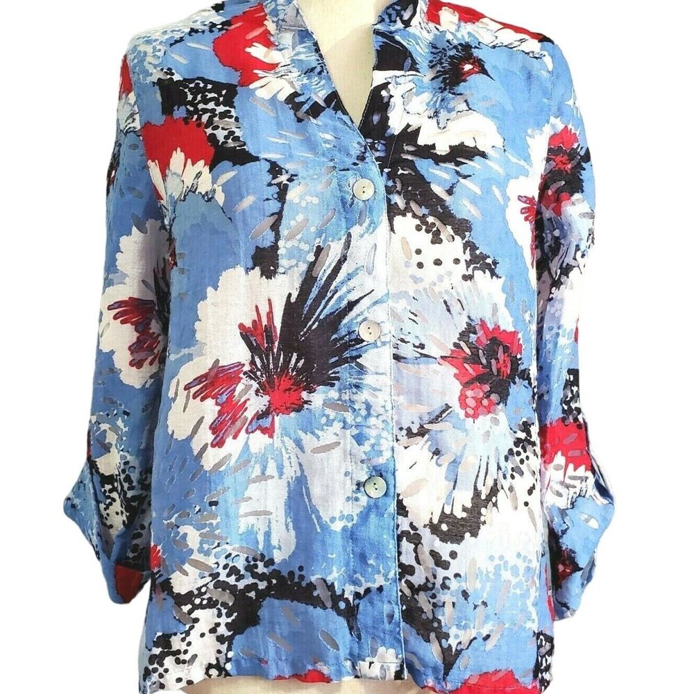 Brielle Blvd Burnout Top Size 8 Blue & Red Floral Semi Sheer Pearl Buttons Retro